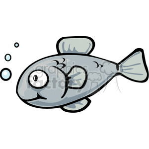 The image is a simple cartoon illustration of a fish with a round body, big eyes, fins, and a tail. The fish is grey with white accents and is depicted with several bubbles indicating it is underwater.