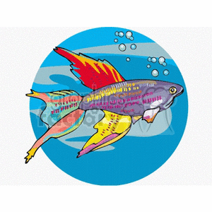 The clipart image depicts a colorful, exotic tropical fish swimming underwater. The fish is illustrated with a variety of vibrant hues, including pink, yellow, red, and purple, across its body and fins. There are bubbles visible in the background, suggesting movement through the water.