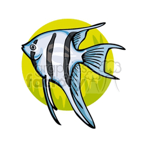 The image shows a stylized illustration of an exotic tropical fish. The fish features prominent fins and is colored in shades of blue and gray, with a circular yellow background highlighting it.