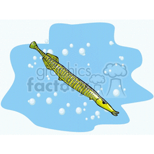 The image shows a cartoon of a yellow and green striped eel swimming underwater surrounded by bubbles.