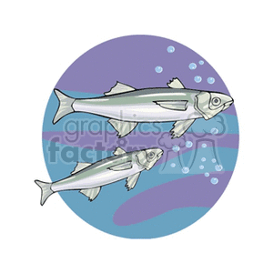 This clipart image features two cartoon fish swimming underwater. The background consists of shades of purple and blue that suggest a watery environment, and there are bubbles around the fish, enhancing the underwater feel.