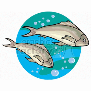 The clipart image depicts two stylized fish swimming with a backdrop that suggests they are underwater, highlighted by the presence of bubbles around them.