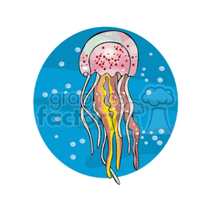 This clipart image illustrates a colorful jellyfish with long tentacles swimming underwater. The background is a simple representation of the ocean, indicated by a blue gradient and small bubbles.