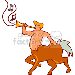 Clipart image of a centaur playing a trumpet. The centaur, a mythological creature with the upper body of a human and the lower body of a horse, is shown blowing musical notes from the trumpet.