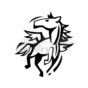 Stylized black and white clipart of a horse with wings, depicted in a tribal tattoo design.