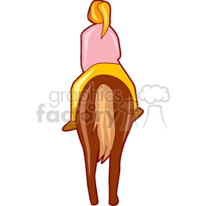 A clipart image of a person with yellow hair wearing a pink top and yellow pants, riding a brown horse from a rear view.