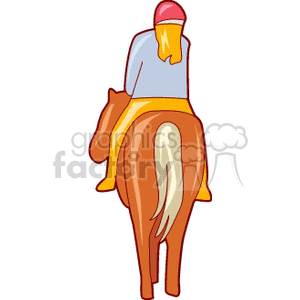 Clipart image of a person wearing a red helmet riding a brown horse, viewed from behind.