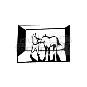 Clipart image of a person and a horse in a black and white style illustration.