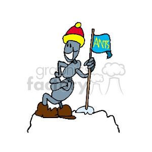 Clipart of a smiling ant wearing a red and yellow beanie and brown boots, standing on a snowy peak with a blue flag that says 'ANTS'.