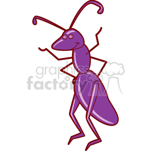 A cheerful purple ant standing upright with a smiling expression and waving one of its antennas.