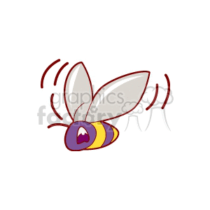 Cartoon illustration of a bee with buzzing sound waves around it. The bee has a purple head, yellow and purple striped body, and large wings.