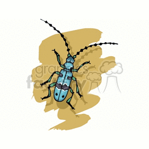 A colorful clipart image of a beetle with a mix of green and blue colors, long antennae, on a brown brushstroke background.