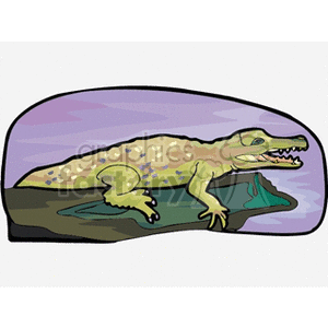 This is a clipart image of a crocodile. It is depicted on top of what appears to be a riverbank against a purple and lavender background, which might represent the sky or a stylized background. The crocodile has an open mouth, showing its teeth, and is drawn in a cartoon-like style.