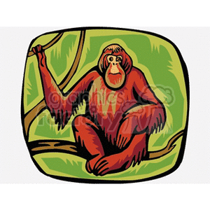 Colorful clipart image of an orangutan sitting on a tree branch against a green background.