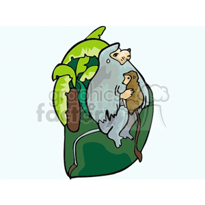 A clipart image depicting an adult monkey in a forest, holding a smaller monkey. The adult is illustrated in light blue-grey color, while the baby monkey is brown. There are green leaves in the background, representing a tropical environment.
