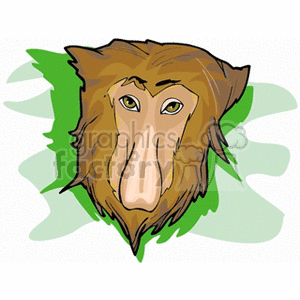 A colorful clipart illustration of a monkey's face with a large nose and brown fur, set against a green abstract background.