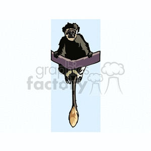A cartoon drawing of a black monkey sitting on a tree branch, viewed from the front, with a long tail hanging down.