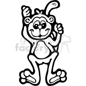   The image is a black and white clipart of a cartoon monkey. The monkey is standing upright and seems to be in a happy or playful pose, with one arm raised and a smile on its face. The style of the drawing is simple, with outlines defining the character
