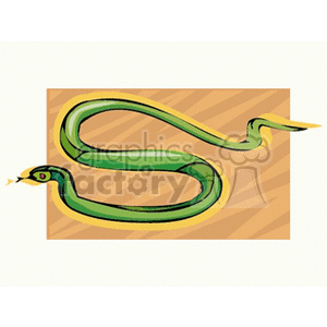 The image is a clipart of a stylized green snake with yellow accents. The snake is shown in an elongated, curving form against a beige background with a subtle diagonal striped pattern. The snake has a small forked tongue protruding from its mouth, which is a characteristic trait of many snake species.
