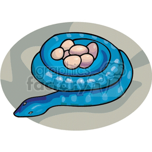 The clipart image depicts a stylized blue snake coiled around a clutch of eggs. The snake has a simple design with blue scales, darker blue spots, and a lighter underside. The eggs are shaded with colors suggesting they are reflecting light.