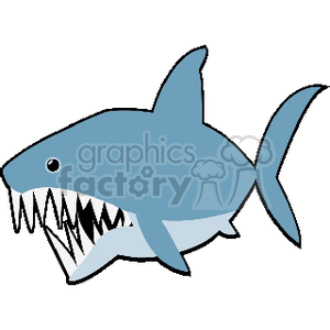 This clipart image features a cartoon representation of a blue shark. It highlights the shark's prominent features such as its sharp teeth, dorsal fin, and streamlined body shape, typical of oceanic animals.