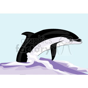 This clipart image features a single dolphin leaping out of the water with waves below. The dolphin appears to be in mid-jump against a light blue background, likely depicting the sky.