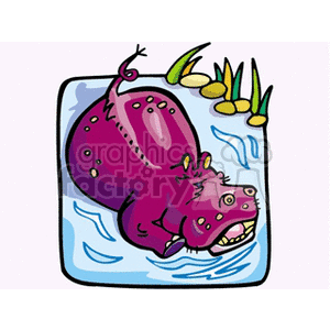A colorful clipart image of a purple hippopotamus partially submerged in water near some aquatic plants and stones.