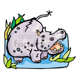 Cartoon clipart of a hippopotamus standing in water, surrounded by green plants, with its mouth open.