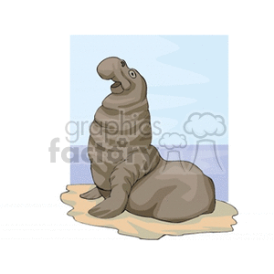 This clipart image depicts two cartoon seals sitting on a sandbank with water in the background. One seal appears to be in an upright position with its head raised as if it's looking or vocalizing, while the other is resting on the sand.