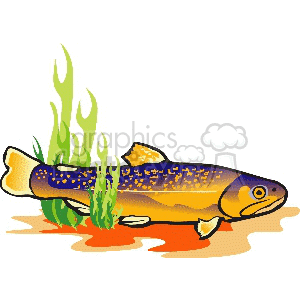 A colorful clipart image of a fish swimming near underwater plants on an orange seabed.