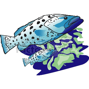 Clipart image of two blue and black-spotted fish swimming near green seaweed or underwater foliage.