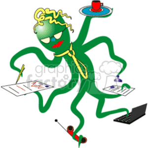   This is a whimsical clipart image of an anthropomorphized octopus engaging in multiple business-related activities at once. The octopus is depicted with green skin and styled with blonde curly hair, sunglasses, and a yellow tie, giving it a professional appearance. It