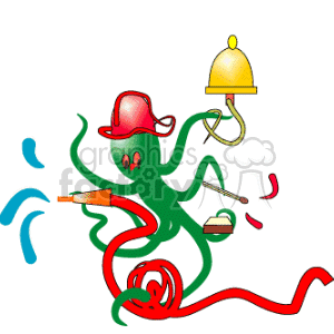   This is a whimsical clipart image featuring an octopus in the role of a firefighter. The octopus is depicted with a red firefighter