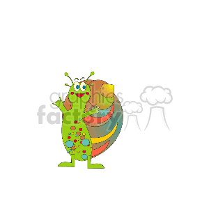   This is a cartoon clipart image of a colorful, stylized snail. The snail has a large shell with swirls of multiple colors, a green body speckled with smaller colorful dots, and a cheerful expression, shown with wide eyes and a smiling mouth. 