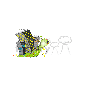   The clipart image depicts a stylized snail with a cityscape on its shell. The buildings on the shell have windows and appear to be skyscrapers, suggesting an urban environment. The snail itself has a green body, and there are colorful dots that could be interpreted as lights or decorative elements along the snail