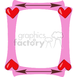   The image depicts a rectangular frame with rounded edges. The frame has a pink color with darker pink highlights and features a heart motif. There are four red hearts: one in each corner of the frame. The hearts are connected by what looks like pink bands or arrows that border the entire frame, creating a continuous path from heart to heart. This clipart image could be used for creating decorative borders or frames on invitations, greeting cards, or other materials that require a loving or affectionate theme, such as Valentine