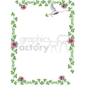 This is a decorative clipart image featuring a floral border or frame design. The main elements include:
- Flowers: There are several pink flowers with green foliage at the corners and sides, adding a floral touch to the border design.
- Greenery: The flowers are connected by a series of green vines or leaves that create a continuous border along the edge of the frame.
- Bird: There is a white bird, which appears to be a hummingbird, in the top left corner of the frame, contributing to the natural theme of the design.
The background of the image is transparent, allowing for the placement of this border around another image or as an embellishment on a page without obscuring content.