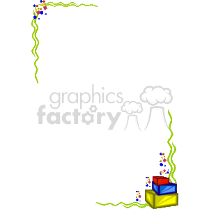 This clipart image features a festive border or frame with elements relating to a celebration or gift giving. There are decorative ribbons or streamers along the edges in yellow and green. In one corner there's a stack of two gift boxes, one on top of the other, adorned with a bow. The gift boxes are red and blue with a yellow ribbon. Scattered around the boxes are various colorful dots or confetti, suggesting a party or celebratory atmosphere. The majority of the area within the frame is left blank, likely intended for text or additional content to be inserted.