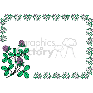 This image is a decorative frame or border made up of stylized flower elements. The border surrounds an empty central area that could be used to add text or other images. The flowers in the corners and along the edges are designed with a combination of dark and light purple blooms with green foliage. On the lower left side, there is a larger, more detailed flower arrangement consisting of similar flowers with prominent green leaves, which adds a focal point to the frame. This clipart frame could be used for creating invitations, greeting cards, or other decorative documents.