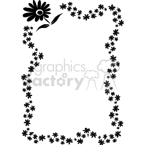 The image shows a black and white clipart frame or border featuring an assortment of flowers. These floral elements are positioned along the sides to create a decorative edge, with a larger flower at the top left corner, accompanied by its stem and leaves, setting an asymmetric visual interest point in the frame. The center of the frame is blank, providing space for text or additional content to be added.