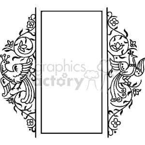 The clipart image displays an ornate border or frame with intricate floral patterns and scroll designs. The central area is a large, blank rectangle that may be used to insert text or other content. The decoration within the borders includes stylized flowers, leaves, and birds, creating an elegant and classical border design. The image is in black and white, suggesting it is designed to be printed or used in a monochrome setting.