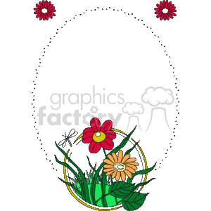 The clipart image shows a decorative border or frame that is floral-themed. The border is made up of a series of small, dotted lines forming an elliptical shape. The top part of the ellipse is adorned with three separate flowers each placed at equal distances. The bottom part of the frame is more heavily decorated with a cluster of flowers, leaves, and grass, providing a lush accent to the border. The frame is designed to surround or highlight the content that would theoretically be placed in the center of the ellipse, which is left blank. The overall aesthetic of the border is playful and nature-inspired.