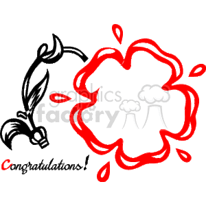 The clipart image shows a stylized border or frame with decorative elements that resemble abstract flowers or petals in red. These elements are arrayed around a blank, cloud-like central space where text or additional imagery could be added. In the bottom left corner of the image, there is a ribbon-like banner that reads Congratulations! This suggests that the border design is intended for use in a congratulatory message or greeting card. The overall design is simple and the color scheme consists of red and black with a transparent background.