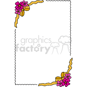 This is a vertical rectangular clipart image featuring a decorative border. The border is embellished with pink flowers and golden-yellow ribbons, which create a playful and ornamental frame around a central black space that can be used to insert text or other graphic elements. The flowers appear to be stylized with five petals and are arranged in small clusters along with the twisting ribbons at the corners of the border.