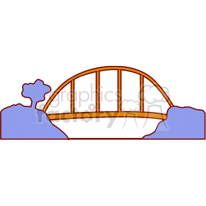 A clipart image of an arch bridge spanning over a body of water with a tree on the left bank and hilly terrain on both sides.