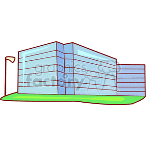 A clipart image of a modern glass office building with a lamp post and greenery on the side.
