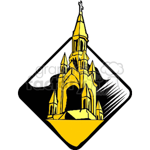 Clipart image of a yellow Gothic-style church with multiple spires and a cross at the top, set within a black diamond-shaped frame.