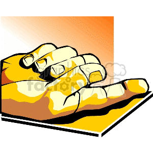 A clipart image of a stylized human hand sculpture resting on a surface, with a gradient orange background.