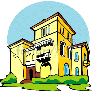 A colorful clipart image of a large, yellow house with multiple windows and a small balcony, surrounded by greenery and set against a blue sky.