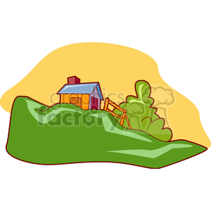 This clipart image features a simple house with a chimney, located on a grassy hill with a large bush or shrub nearby. The background includes a yellow sky or backdrop, making the scene appear sunny and vibrant.